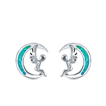 Moon & Angel Stud Earrings Lab Created Blue Opal 925 Sterling Silver (10.5mm)